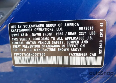 2017 Volkswagen Passat 1.8T R-Line из США, поврежденный, VIN 1VWDT7A38HC007960